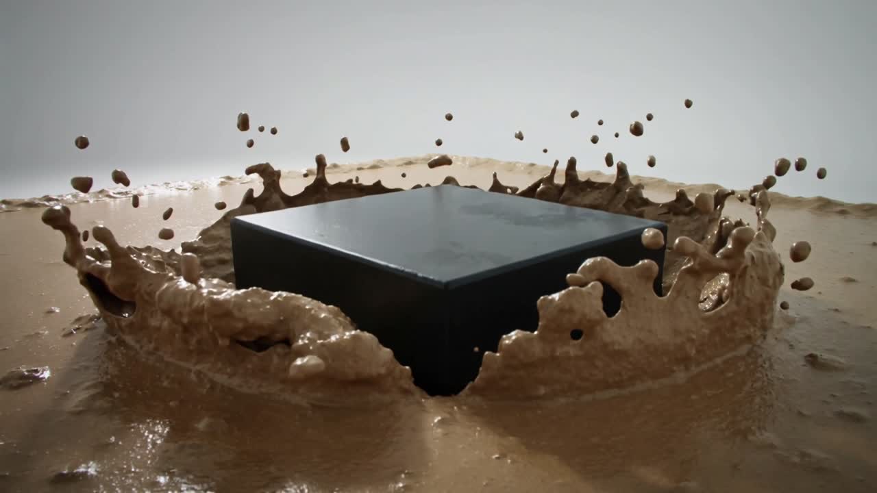 Melepaskan balok persegi hitam matte yang turun ke baki bubur studio, menunjukkan pembentukan kawah.