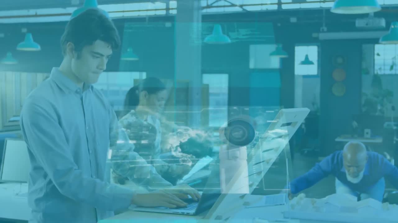 Animation of data processing over businessman using laptop