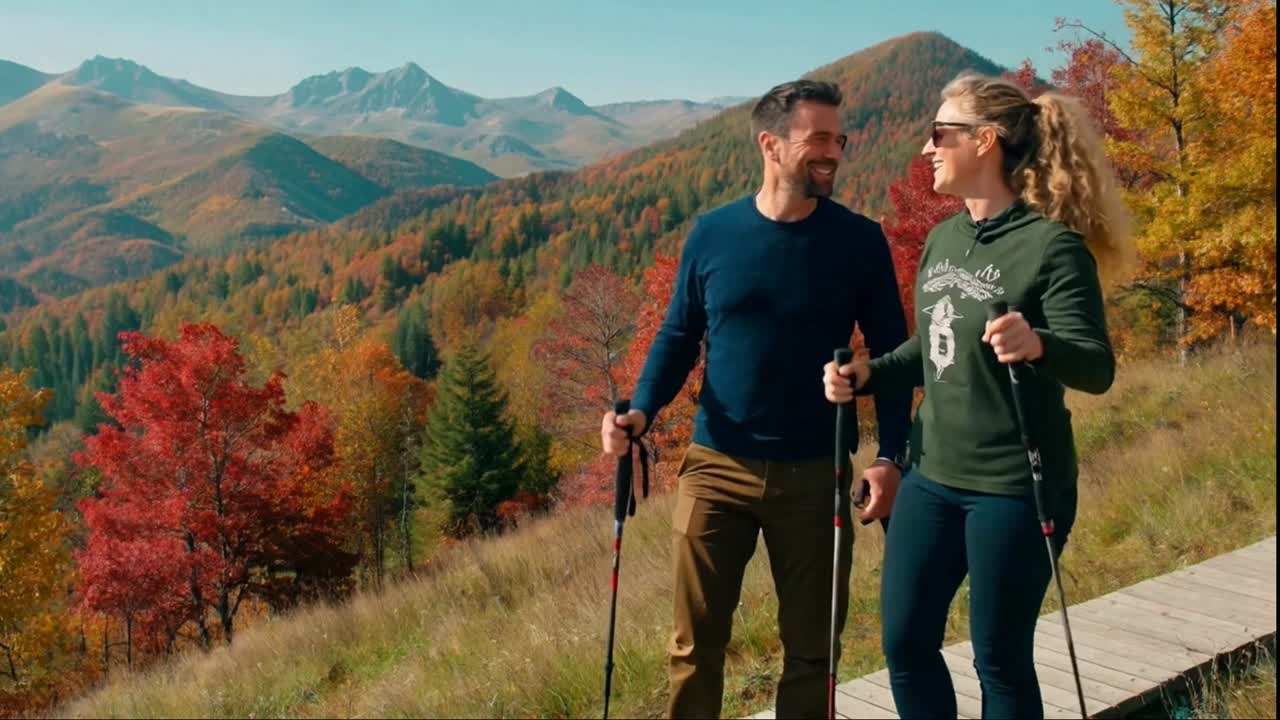 Couple Walking on Scenic Trail Amidst Vibrant Autumn Forest