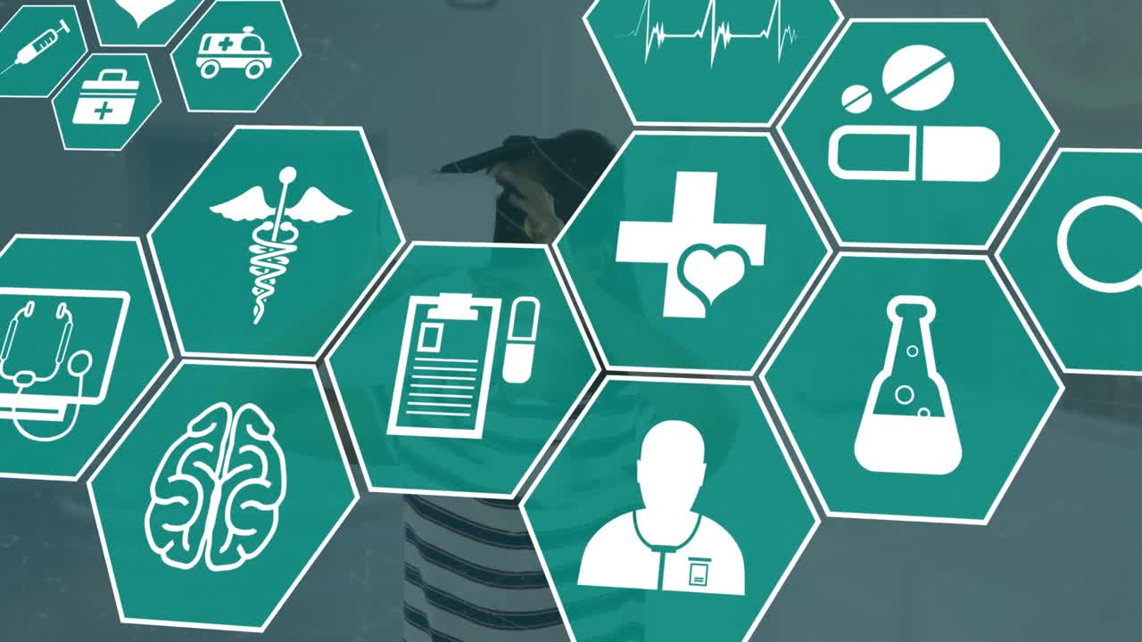 vr 헤드을 사용하는 백인 여성에 대한 의료 아이콘의 애니메이션