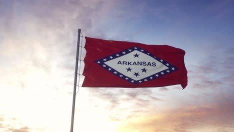 state flag of arkansas waving in the wind. dramatic sky background. 4k