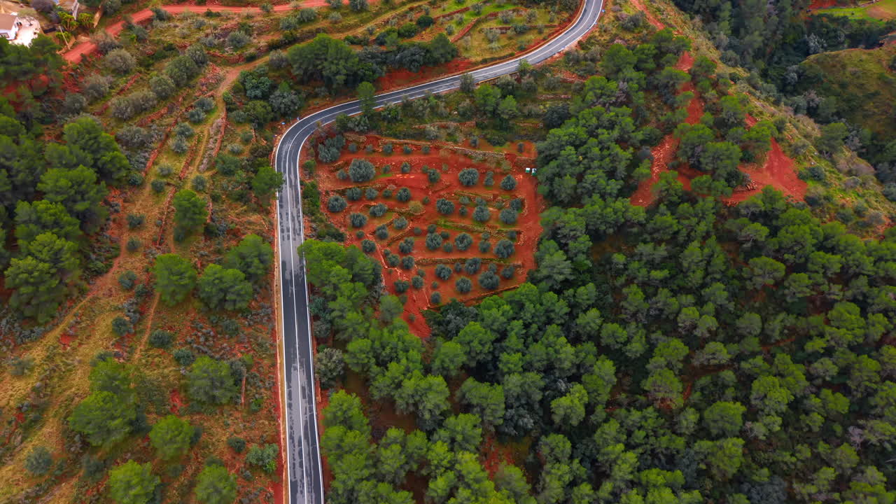 Veduta dall'alto di un tornante su strada di montagna. Ripresa aerea di una curva accentuata su strada asfaltata con uliveti, terrazzamenti e terra rossa.