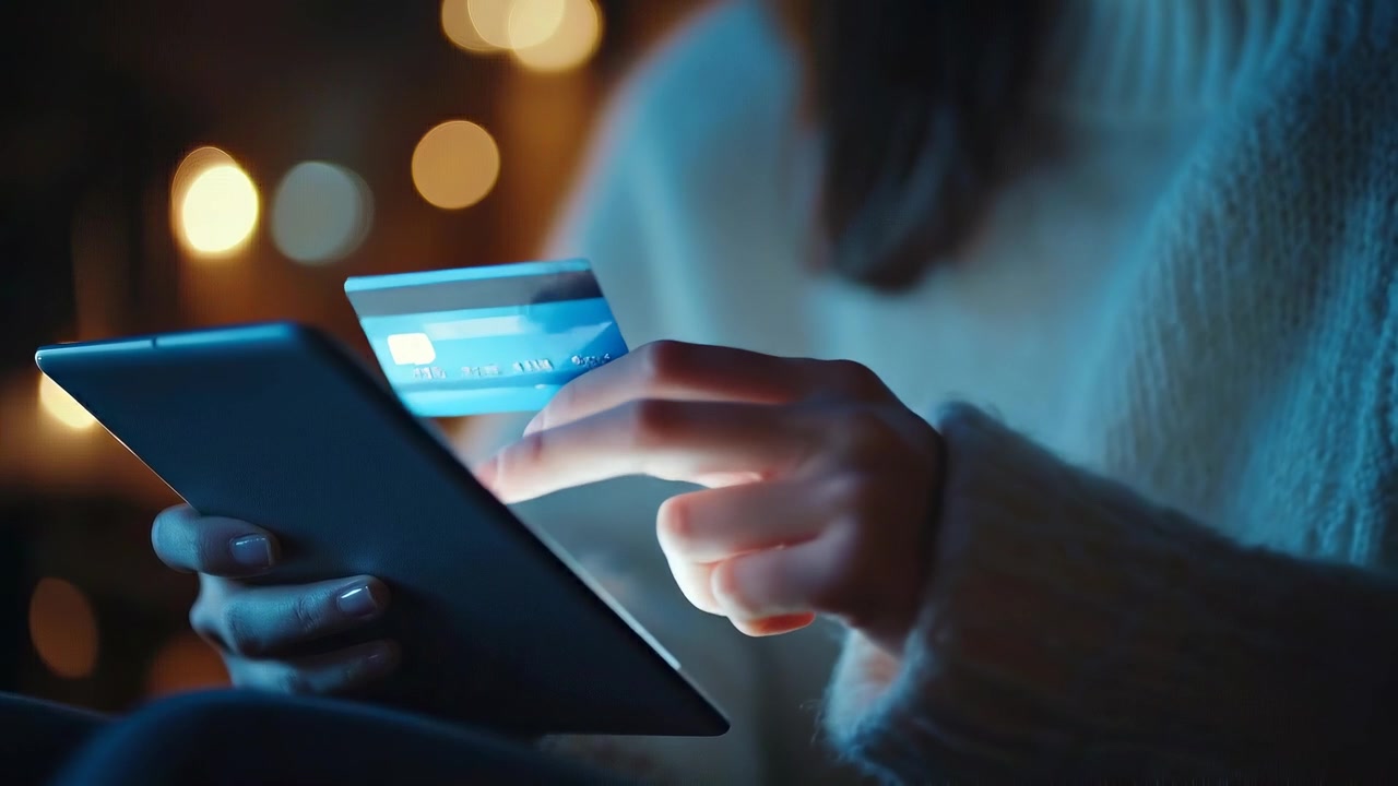Woman Shopping Online with Credit Card and Tablet at Night