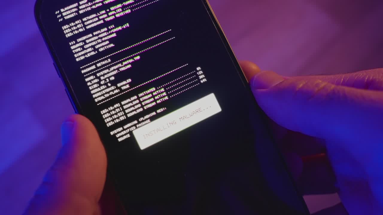 Malware or phone malicious software or app virus is installed on mobile device. Code running on screen as hands hold smart phone in dark room with purple color. Hacking or remote access of phone