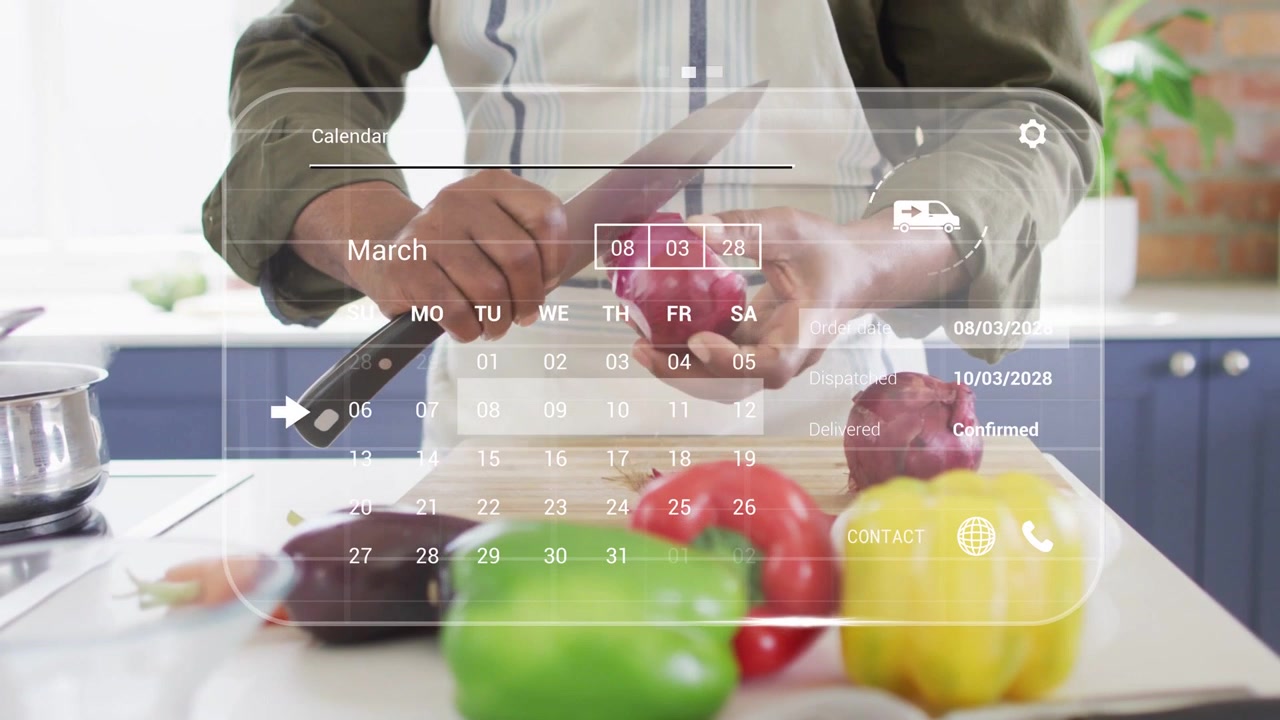 Home cook slicing red onion, March calendar HUD appearing over hands and tracking food order status