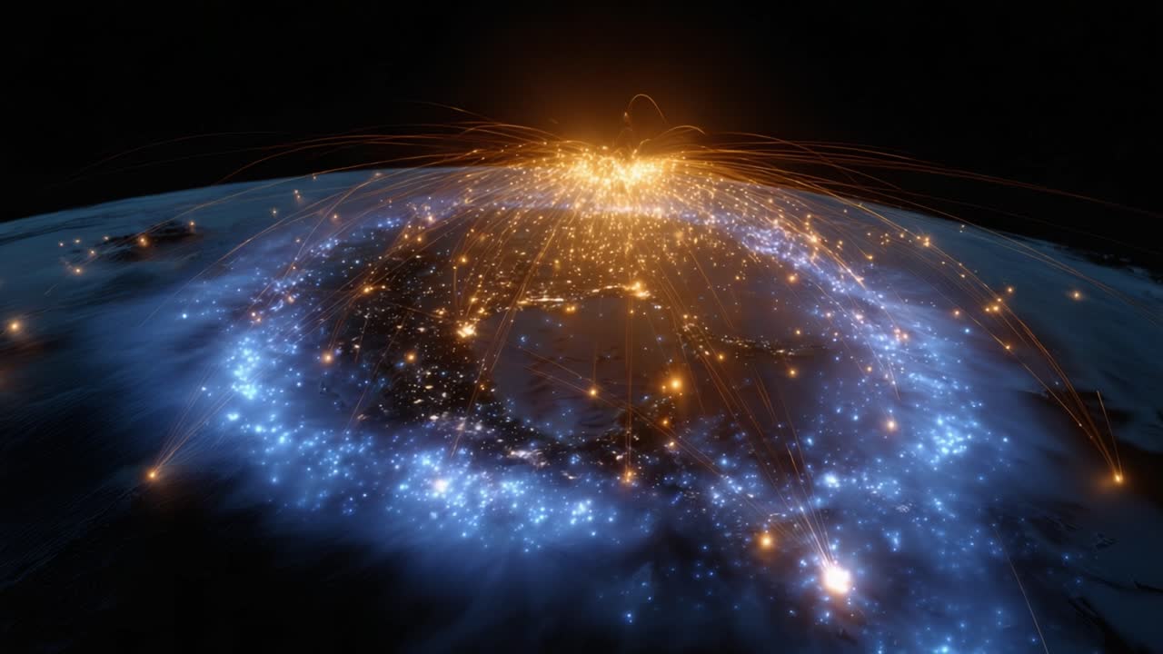 Earth's night view from space, glowing cities in blue and gold. Lights pulse like heartbeat, cosmic energy surrounds planet. Abstract, mesmerizing, science fiction, or futuristic themes