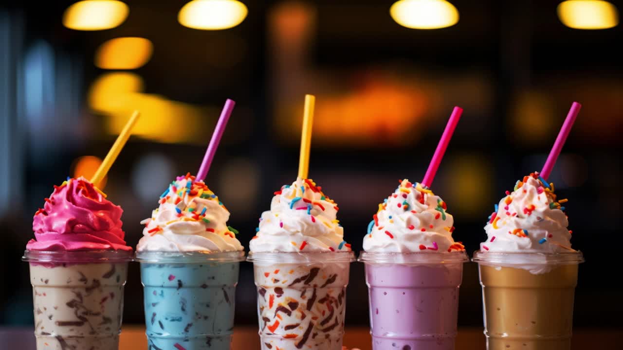 Five milkshakes with whipped cream and sprinkles are standing in a row on a table with colorful straws and blurred lights in the background, creating a vibrant and tempting dessert scene
