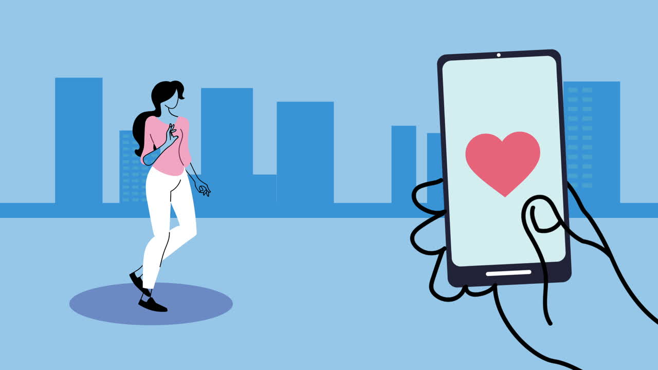 스마트폰과 심장 애니메이션을 사용하는 아름다운 젊은 여성