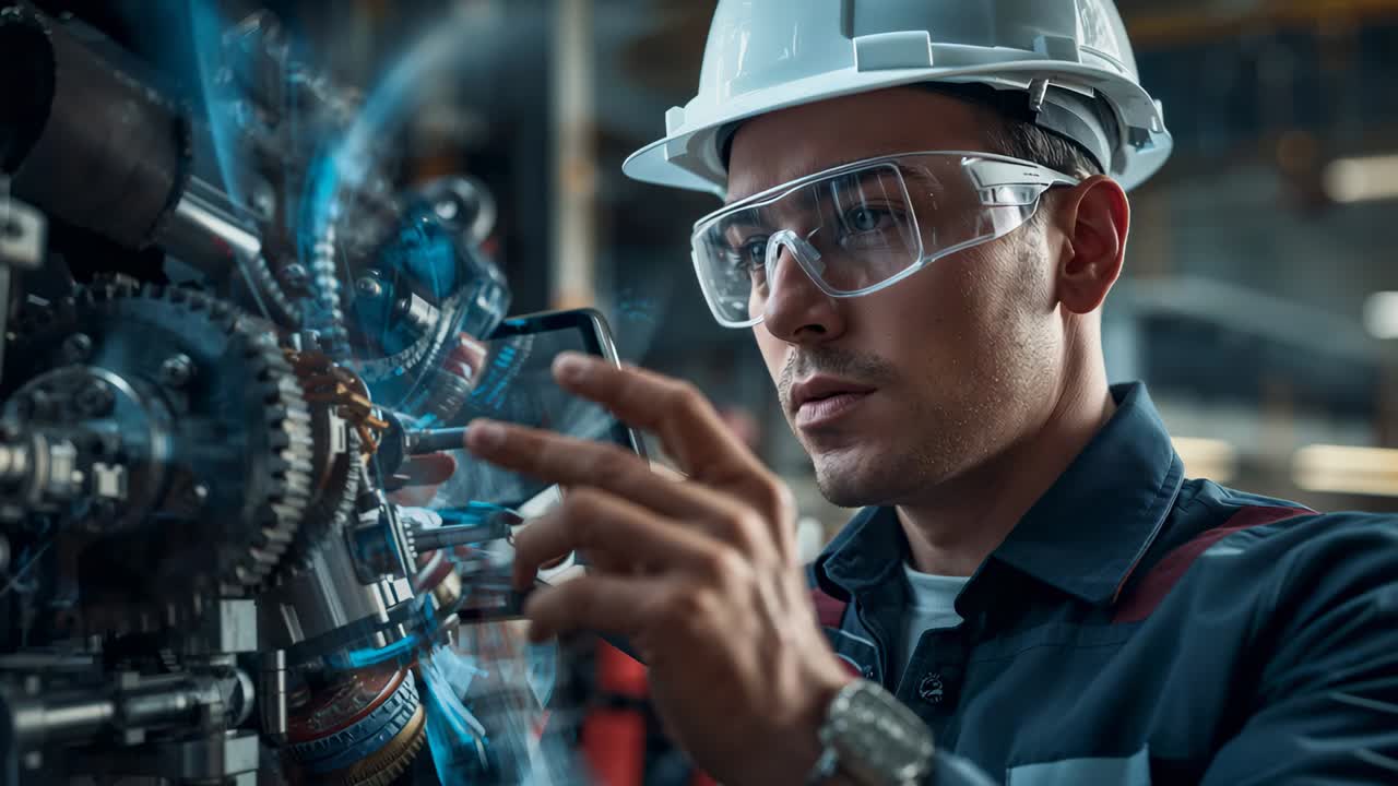 Tapping tablet, engineer wearing hard hat monitoring holo ring over gears at shop, checking system