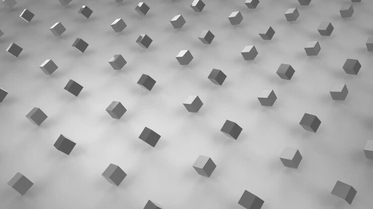 Animation of 3D cubes moving in rotation on grey background