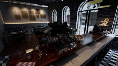 modern cafe room with bar and large window