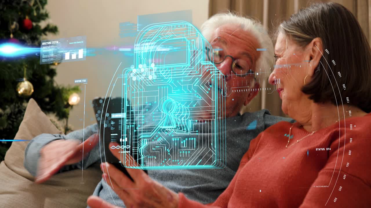 Senior man holding device and senior woman swiping, HUD scanning and analyzing for home security