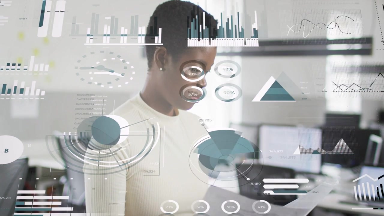 Business analyst standing in office scanning papers and analyzing data, with animated charts rising
