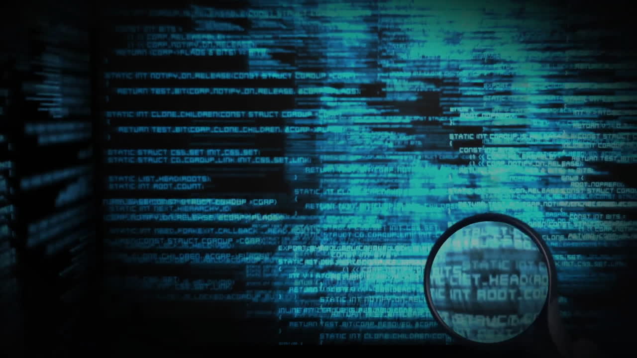 animación de la mano sosteniendo una lupa sobre el procesamiento de datos en fondo negro