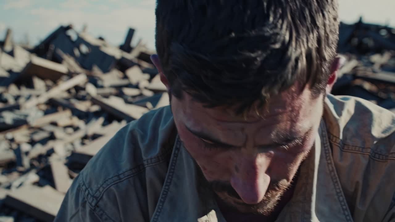 Soldier suffering from post traumatic stress disorder after surviving war, sitting and holding head in hands in despair and depression in front of destroyed building