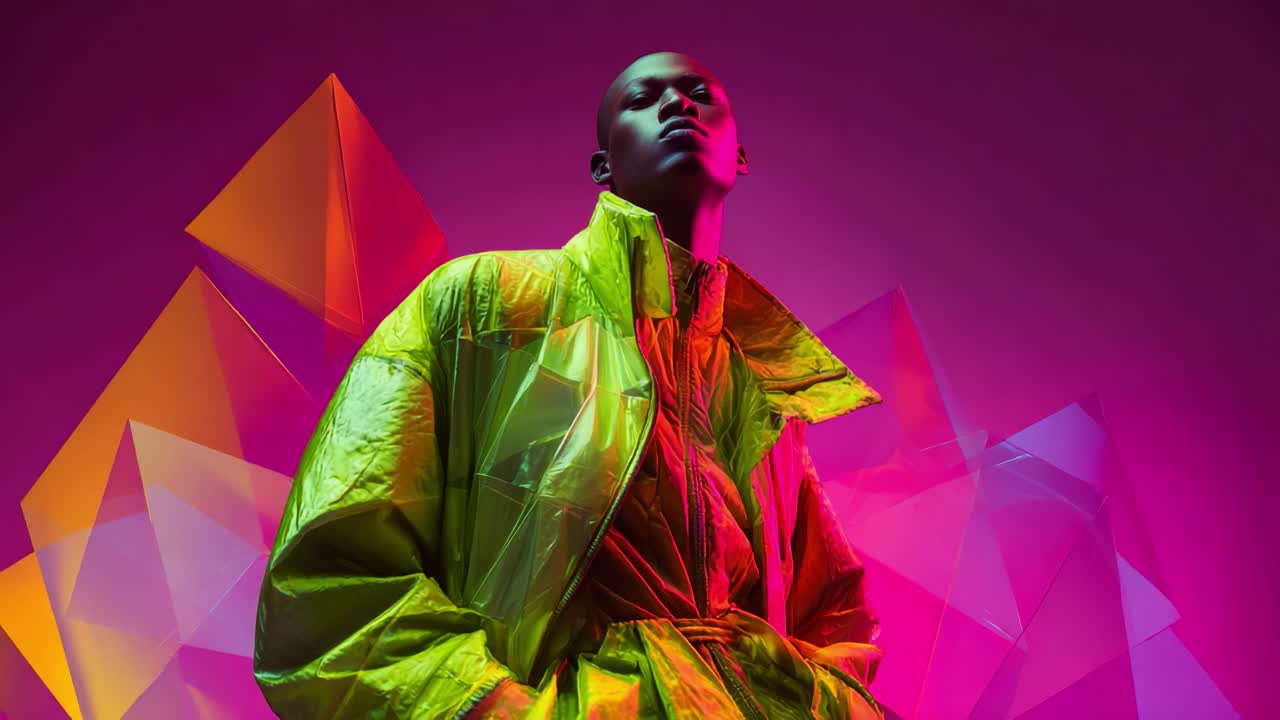 A striking figure stands confidently amid a vivid backdrop of colorful geometric shapes, showcasing a vibrant modern outfit that blends fashion and art, capturing a bold expression of individuality and style