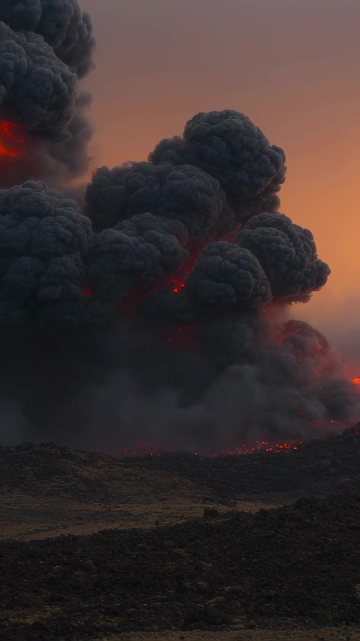 Vertical video: After blast, vent sending glowing ash plume and hot fragments across lava field