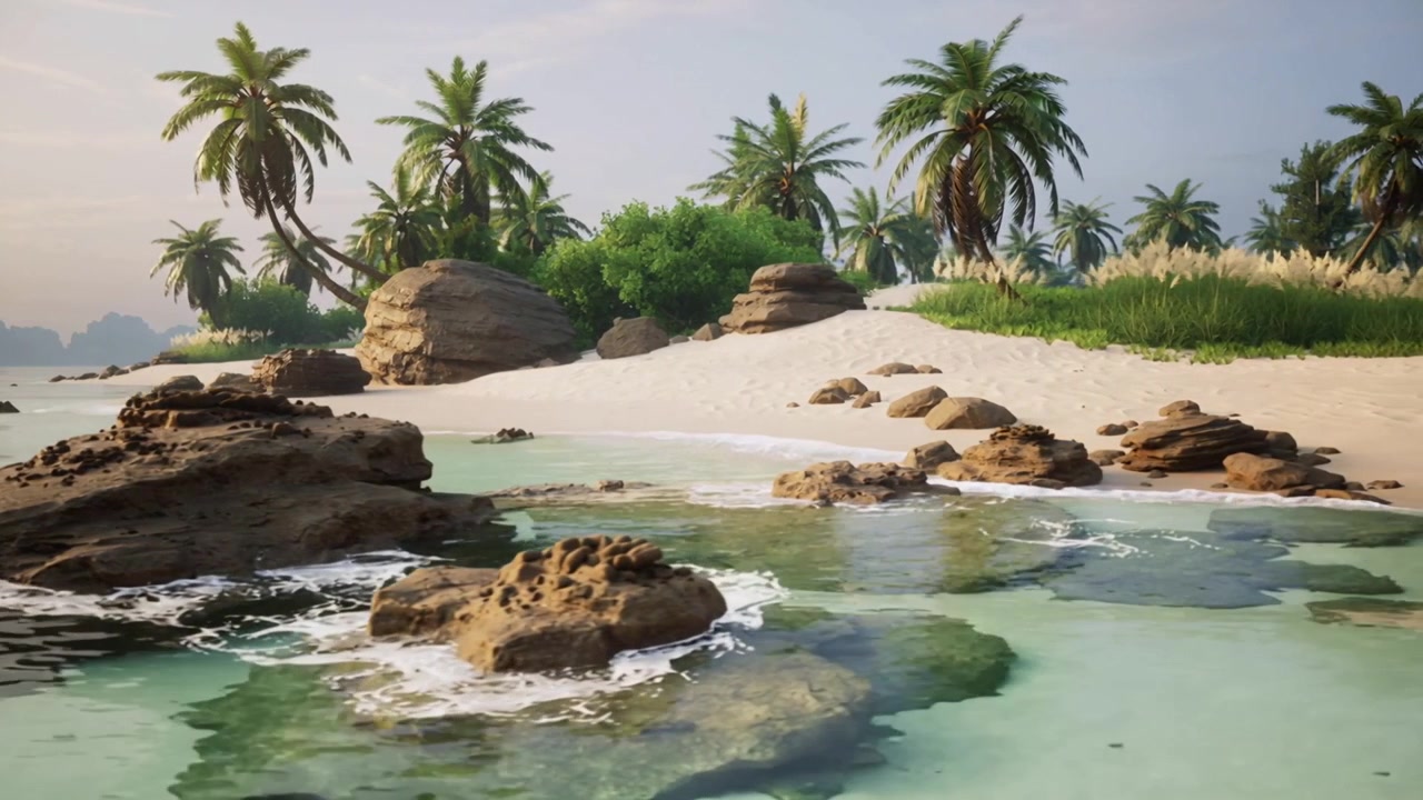 Telecamera in panoramica che rivela un grande affioramento roccioso in acque turchesi poco profonde, mostrando una spiaggia bianca.