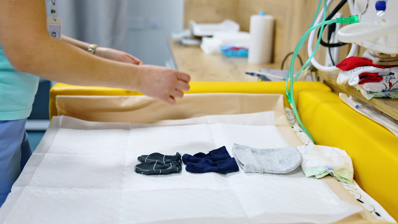 Soft table laid with sheets prepared for newborn baby. Little clothes are put on the table.