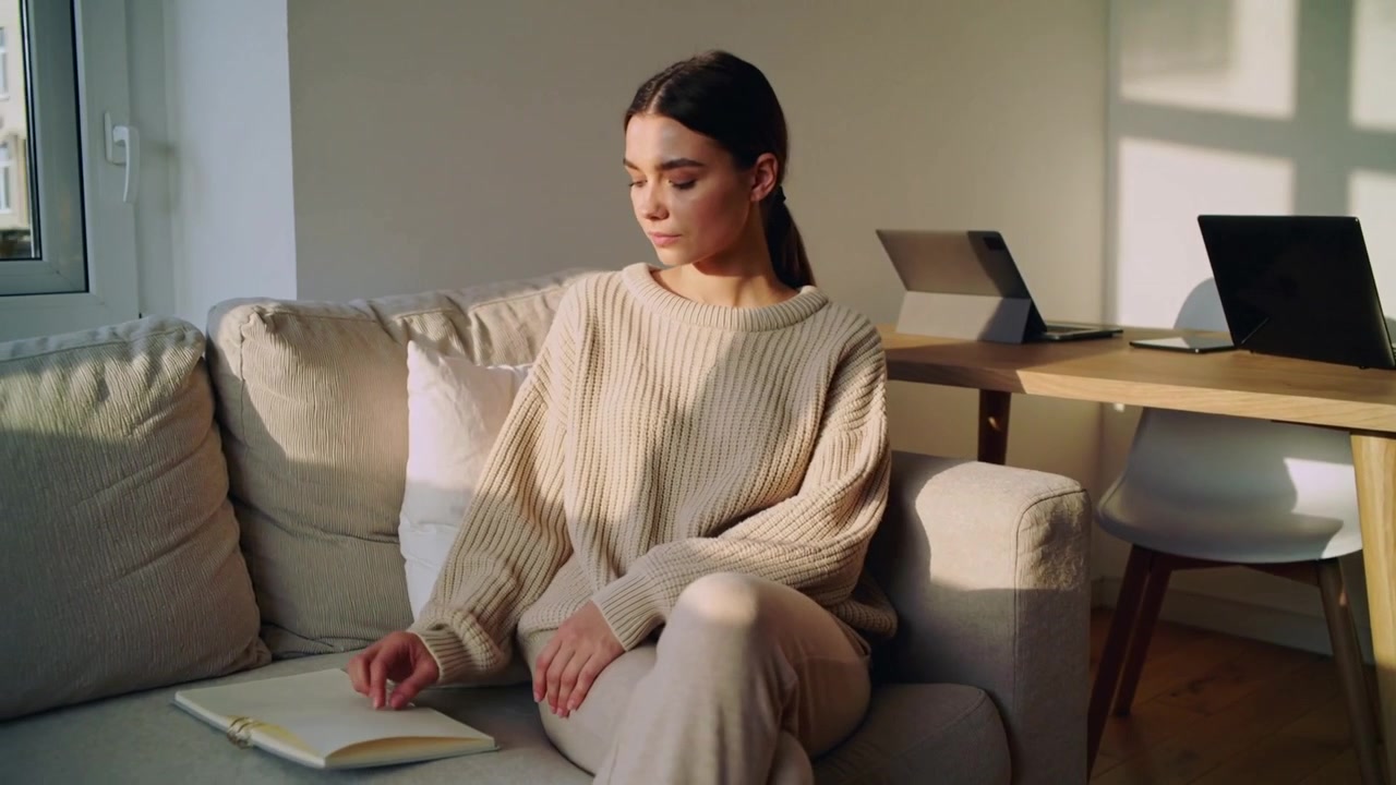 Donna con maglione beige seduta sul divano di casa, che prende un quaderno e lo sfoglia per studiare.