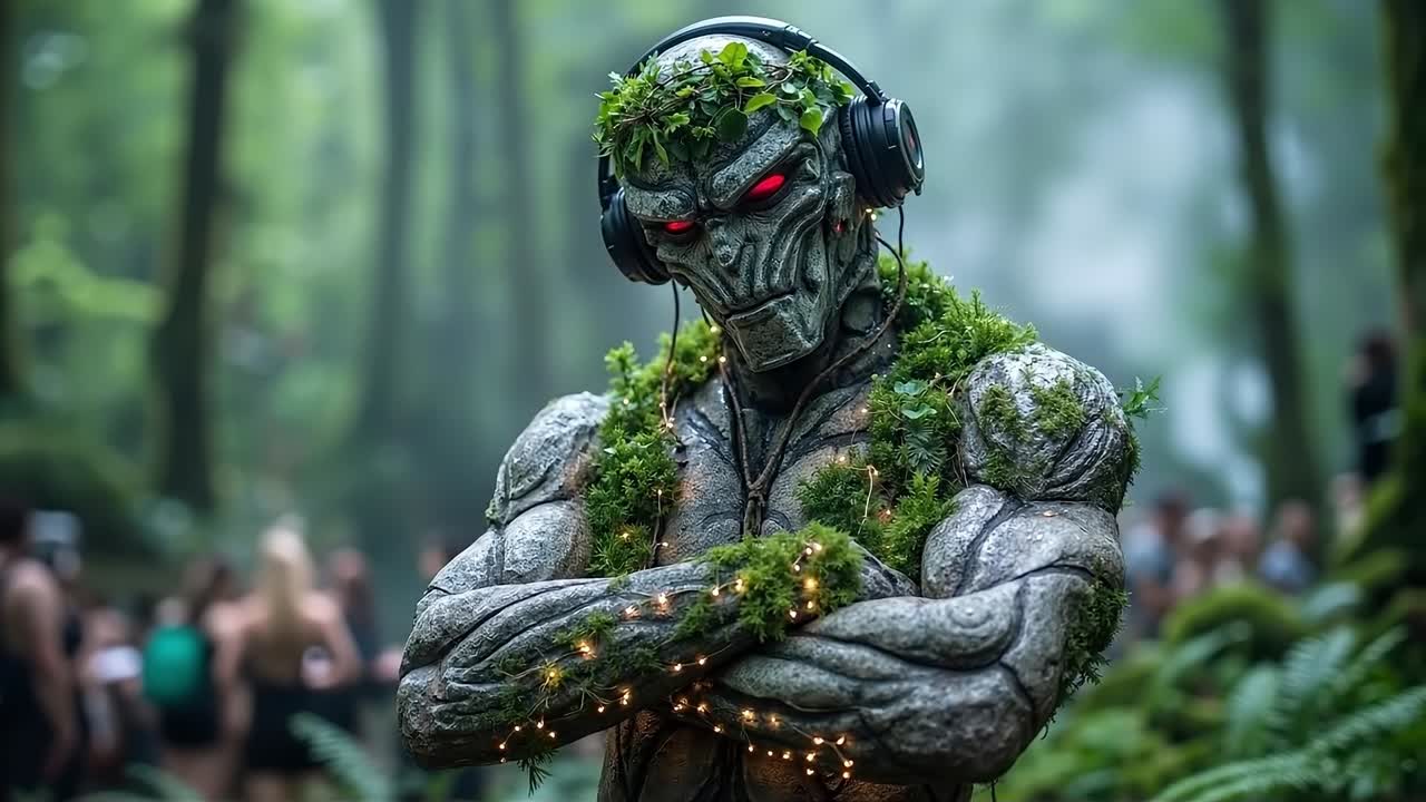 A man dressed as a zombie with headphones in the woods