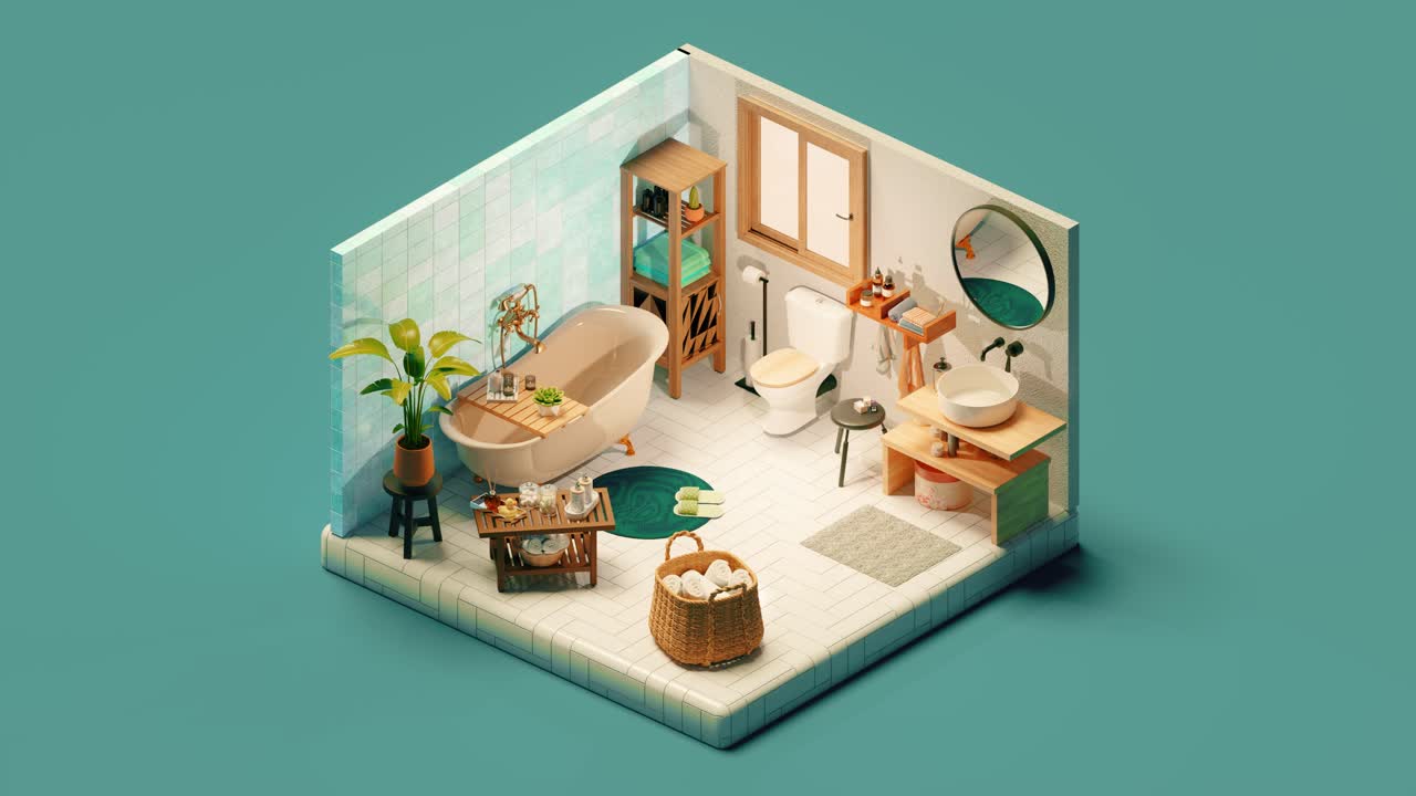 Interior of isometric view of bathroom with tub. 3d isometric loop