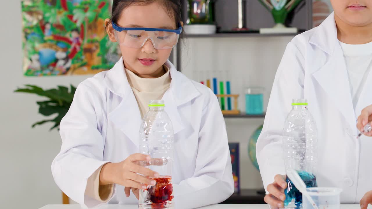 To unge studerende i laboratoriekittel bruger pipetter til at blande farvede væsker under kemitimen