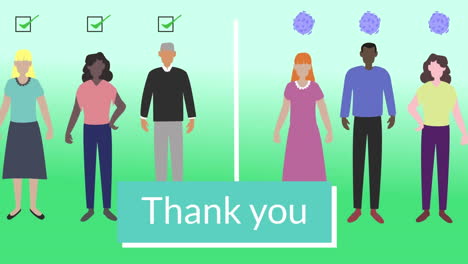 thank you text banner over people maintain social distancing icons against green gradient background