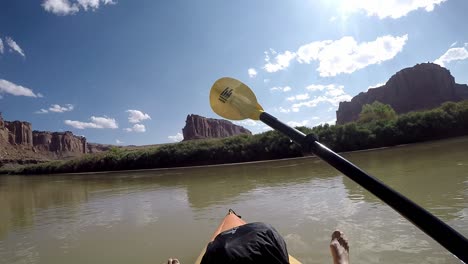 first person view floating on river and swinging paddle in utah