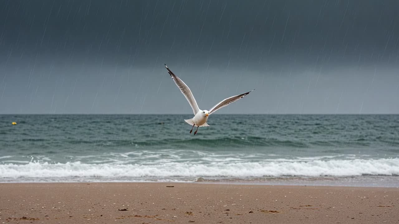 Seagull flying over a sandy beach with ocean waves under an overcast sky