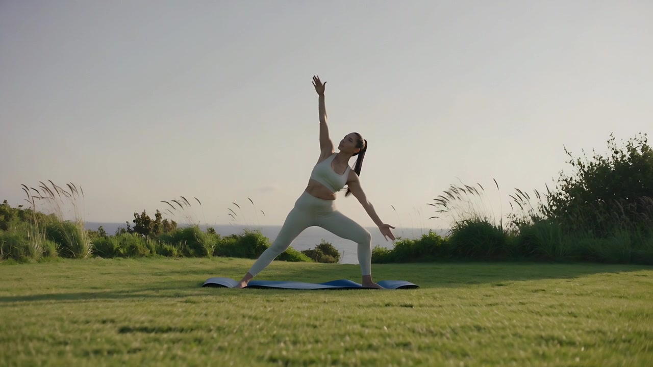 Partendo da una posizione ampia, una donna in abbigliamento sportivo pratica yoga su un tappetino blu su un prato, sollevando un braccio.