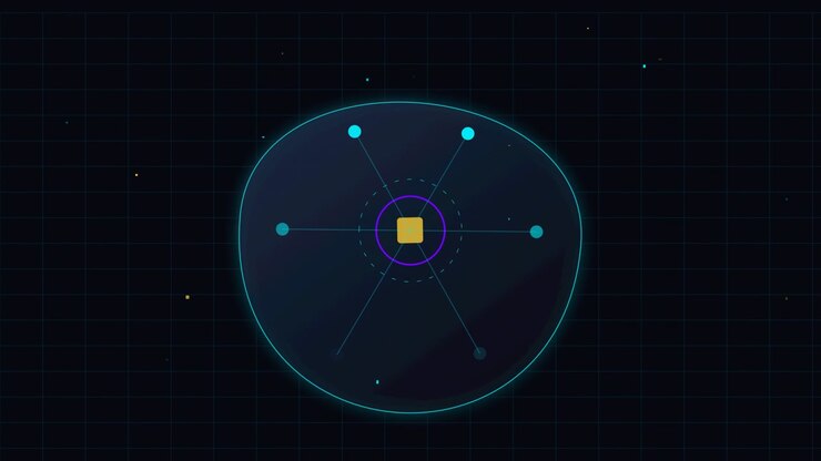 Abstract Digital Graphic with Rotating Yellow Square and Connecting Nodes