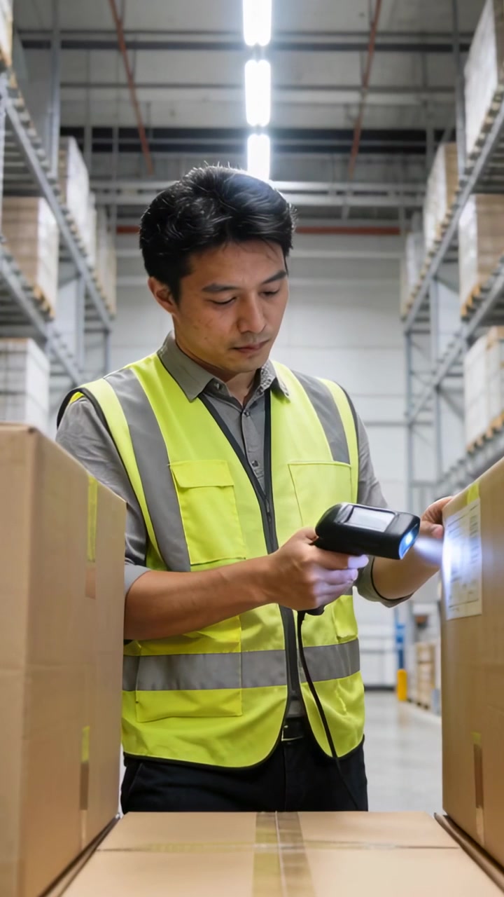 Vertical video: Aiming scanner light, worker scanning labels in aisle, logging reads in hi-vis vest