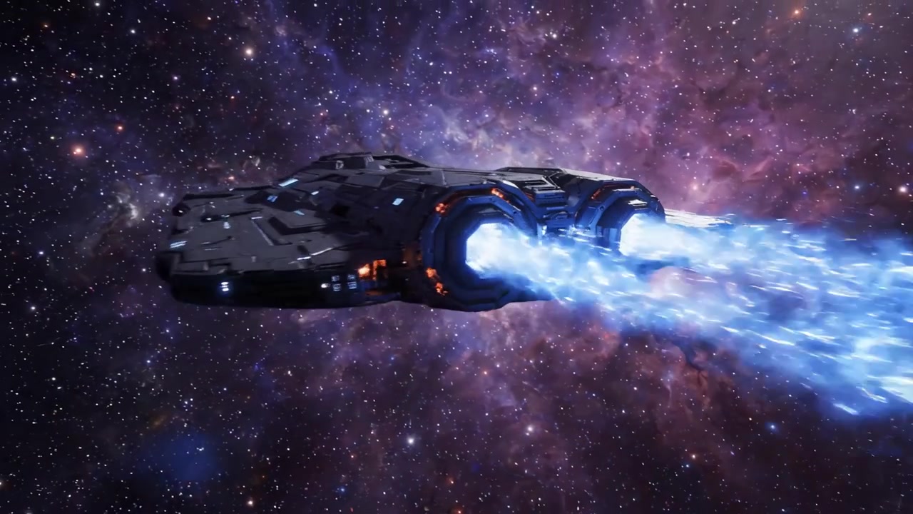 Un'Astronave Futuristica Illumina il Vuoto Cosmico con una Scia di Propulsione Luminosa, Viaggiando Attraverso una Galassia Mozzafiato Piena di Colori Vivaci e Stelle.