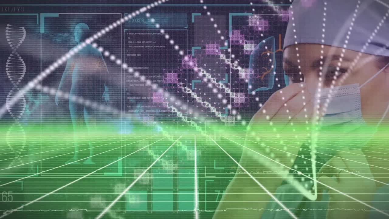 animación de la cadena de adn girando mujer caucásica médico y procesamiento de datos médicos