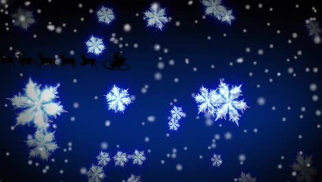 animation of santa in sleigh over snow falling