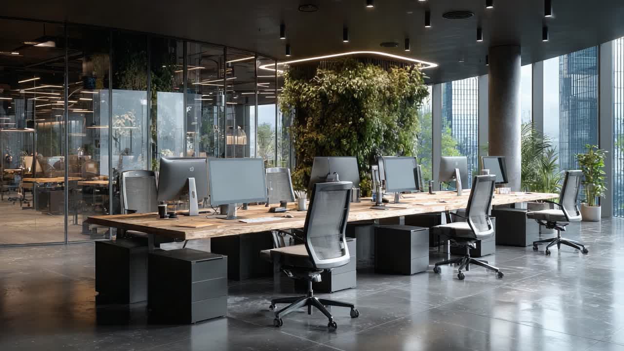 Modern Office Workspace Featuring Sleek Desks, Ergonomic Chairs, and Lush Greenery, Designed for Productivity and Comfort in a Contemporary Corporate Setting