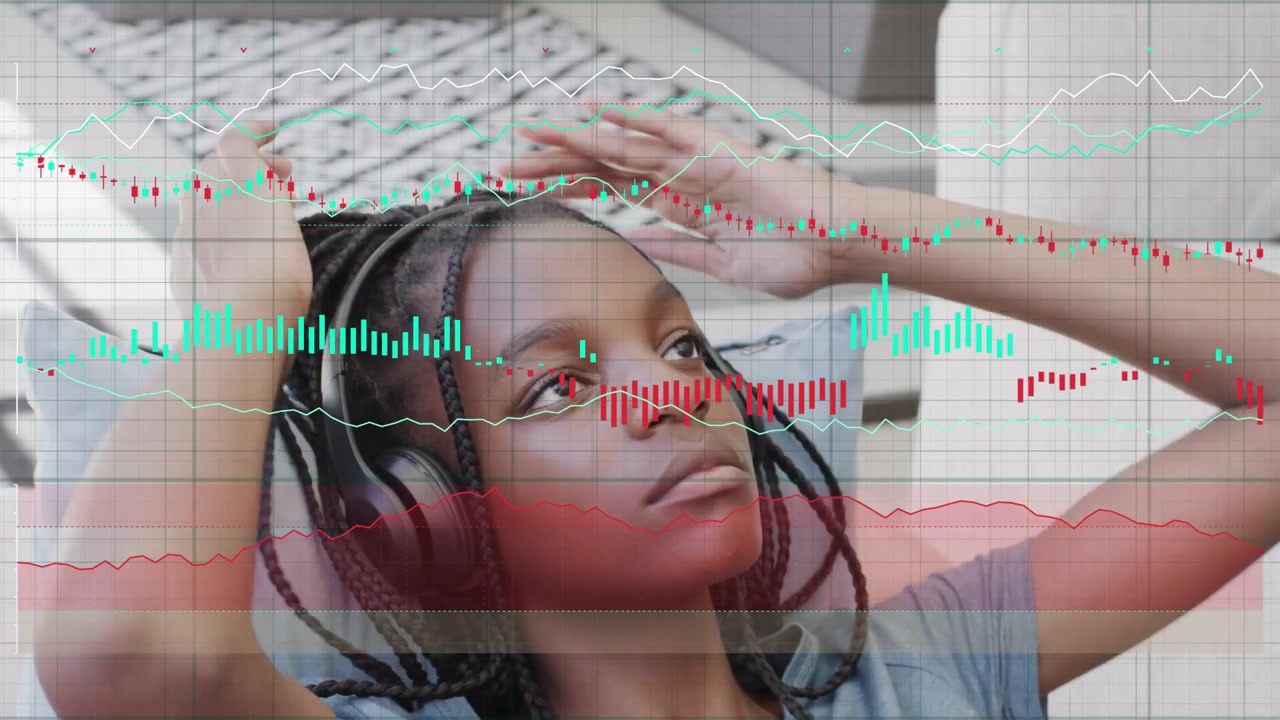 Teenager med headset på sofaen, grafik dukker op, der guider hovedets hældning og justerer håret til læringsformål.