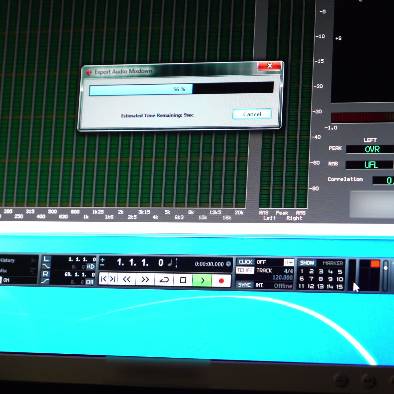 Control panel in Recording Studio. Audio mixer with digital display