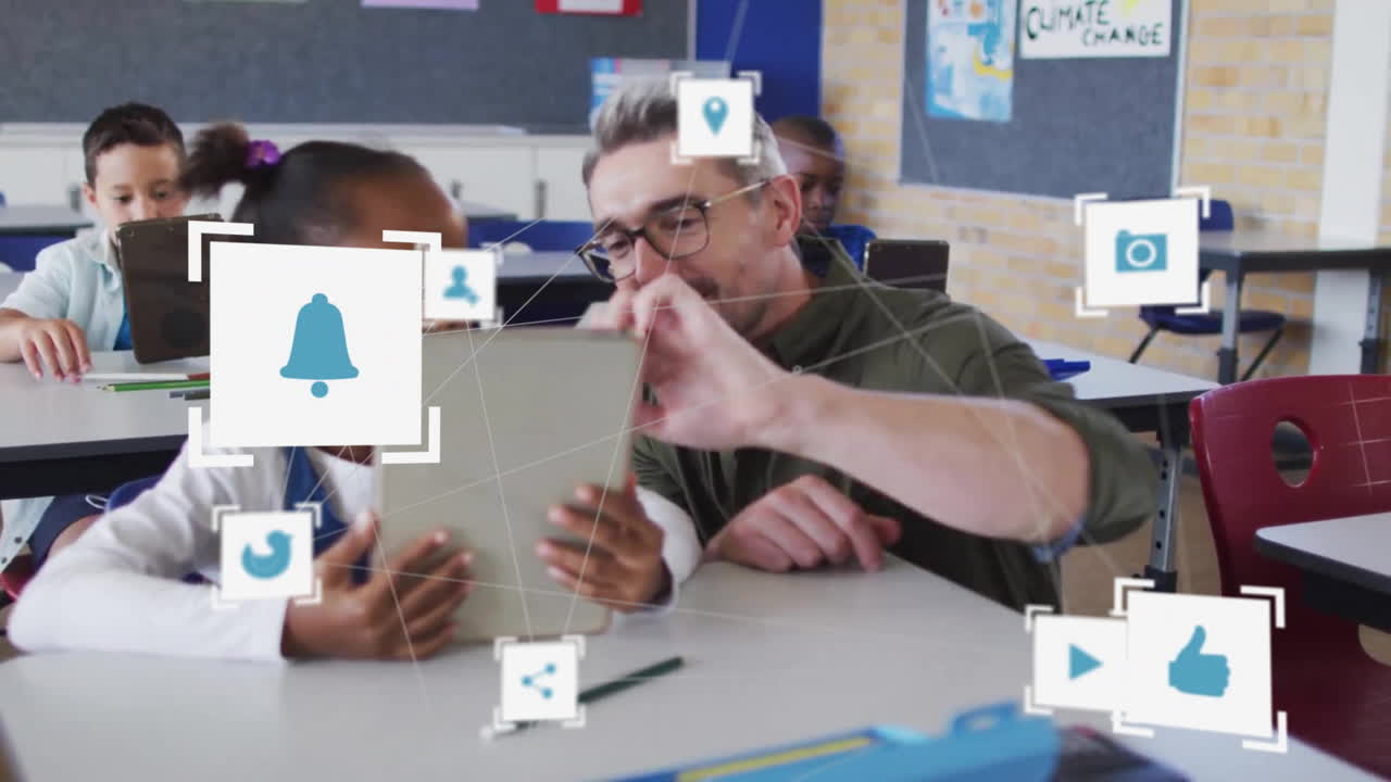 Animation of network of connections with icons over diverse schoolgirl and teacher using tablet