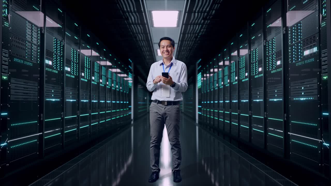 Fuld figur af en asiatisk mandlig professionel medarbejder, der står med sin smartphone i et serverrum i et datacenter. Han ser ind i kameraet med et smil.