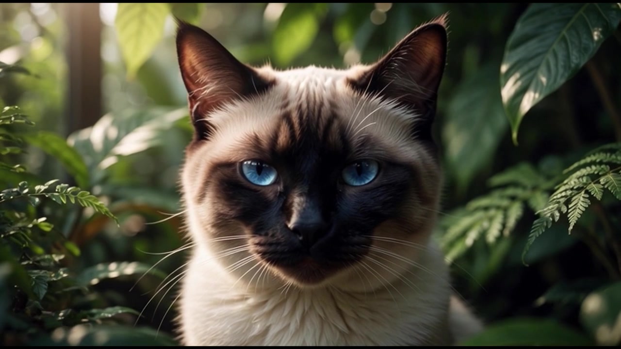 Gatto siamese con occhi azzurri penetranti seduto tra un fogliame verde lussureggiante