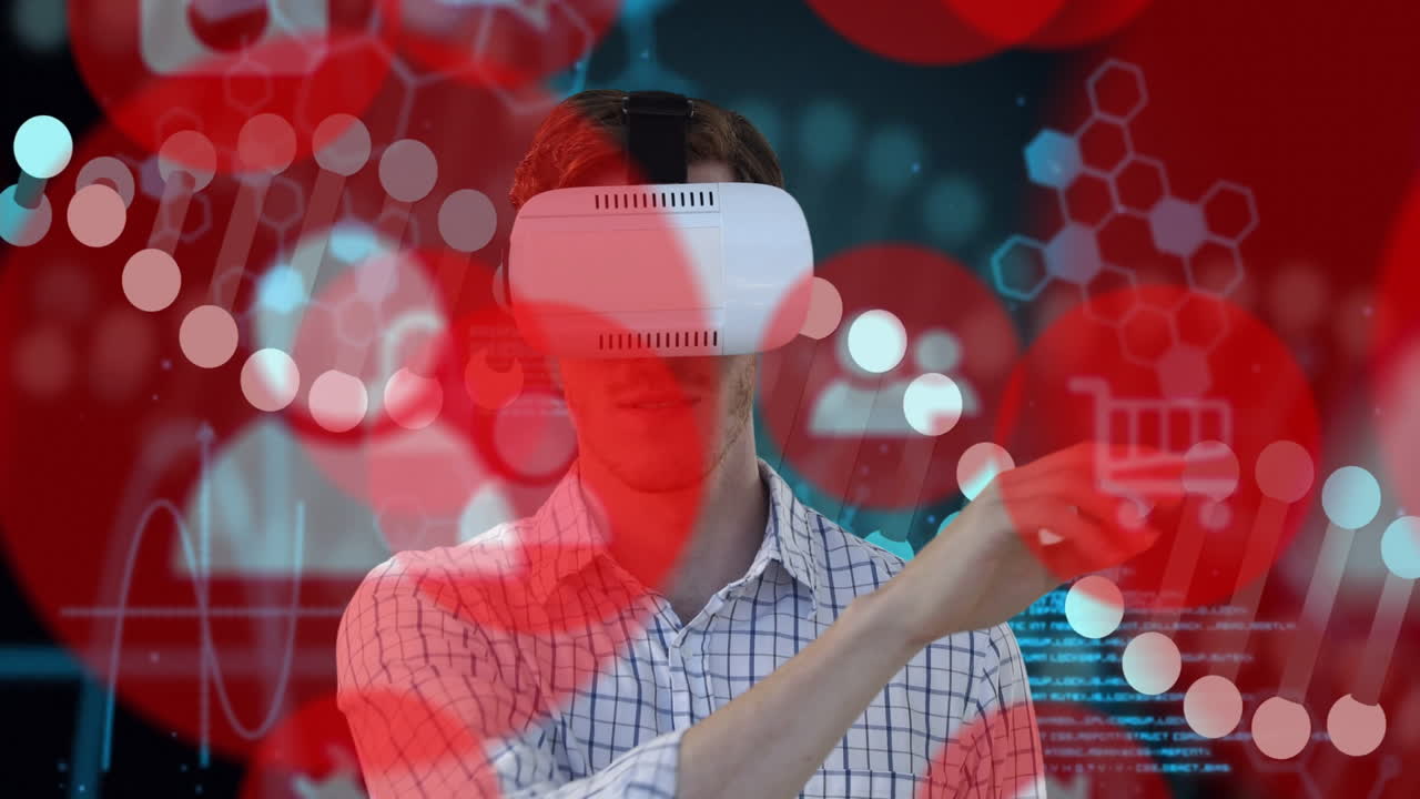 Using animation, person wearing virtual reality headset with digital red graphics