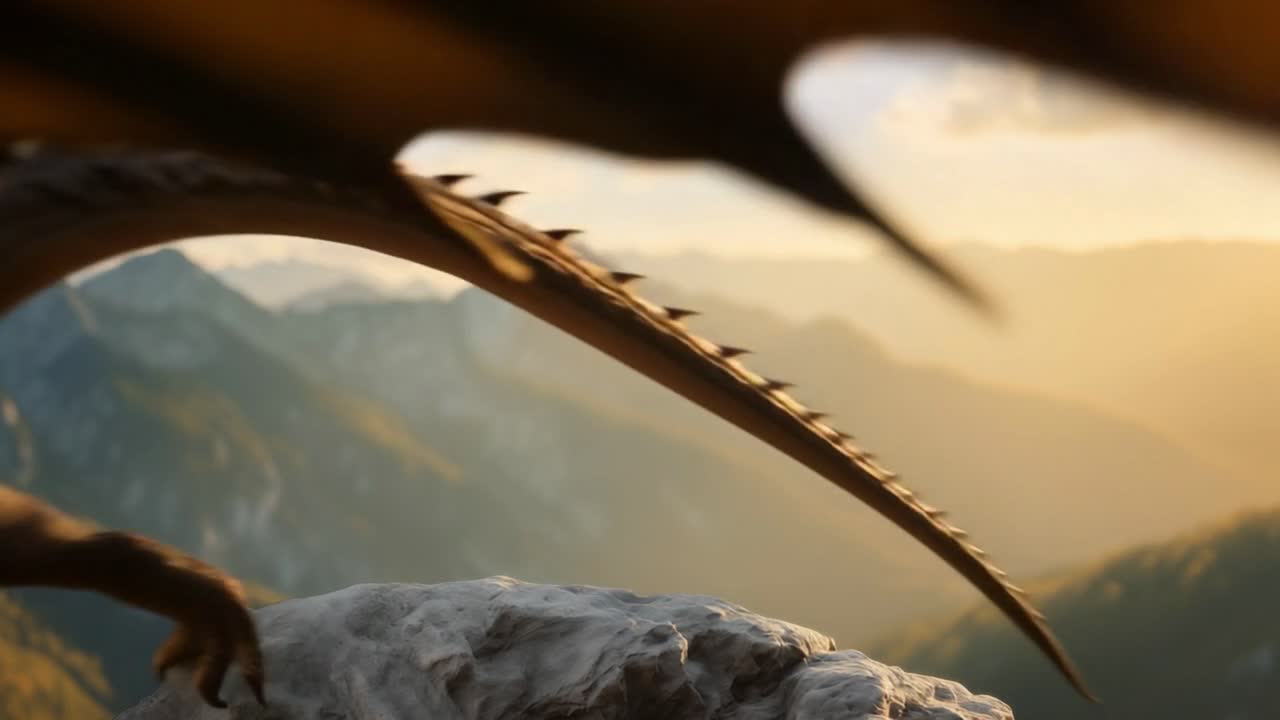 Dragon perched on a mountain peak during sunset