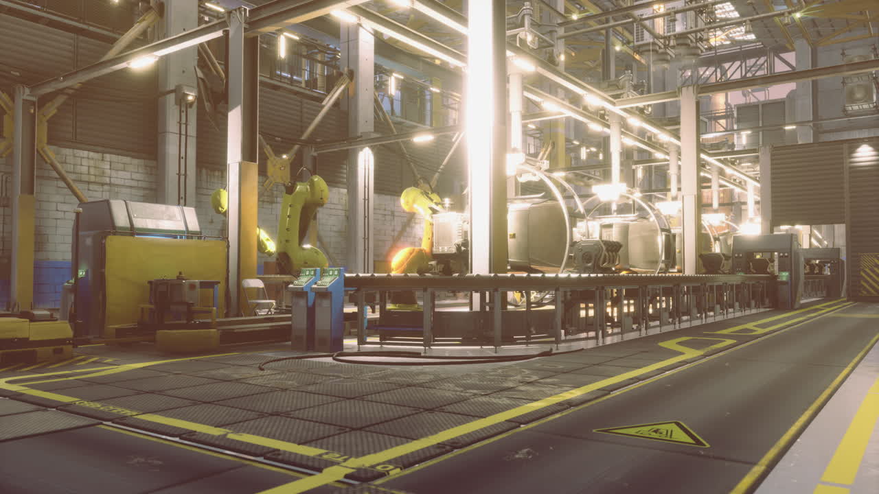 Modern industrial workshop showcasing robotic automation and assembly lines