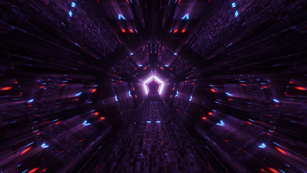 VJ Loop - Flying Through a Glowing Purple, White and Red Pentagonal Kaleidoscope Tunnel