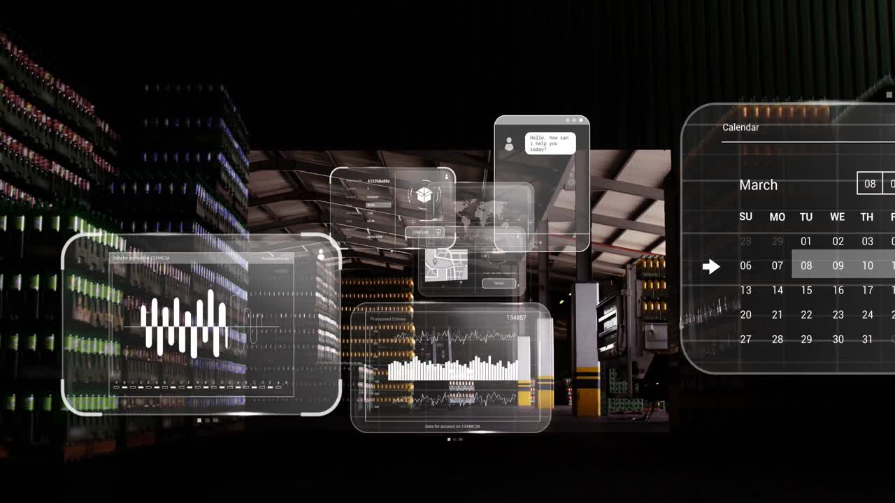 Animation of data processing on screen over warehouse