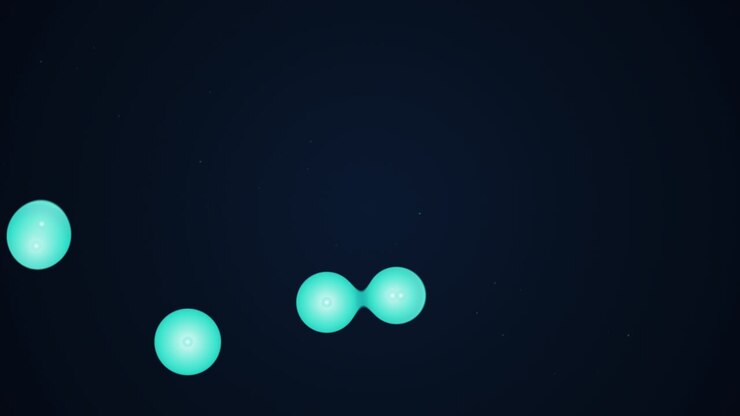 Animazione astratta di sfere ciano luminose che si uniscono e si separano