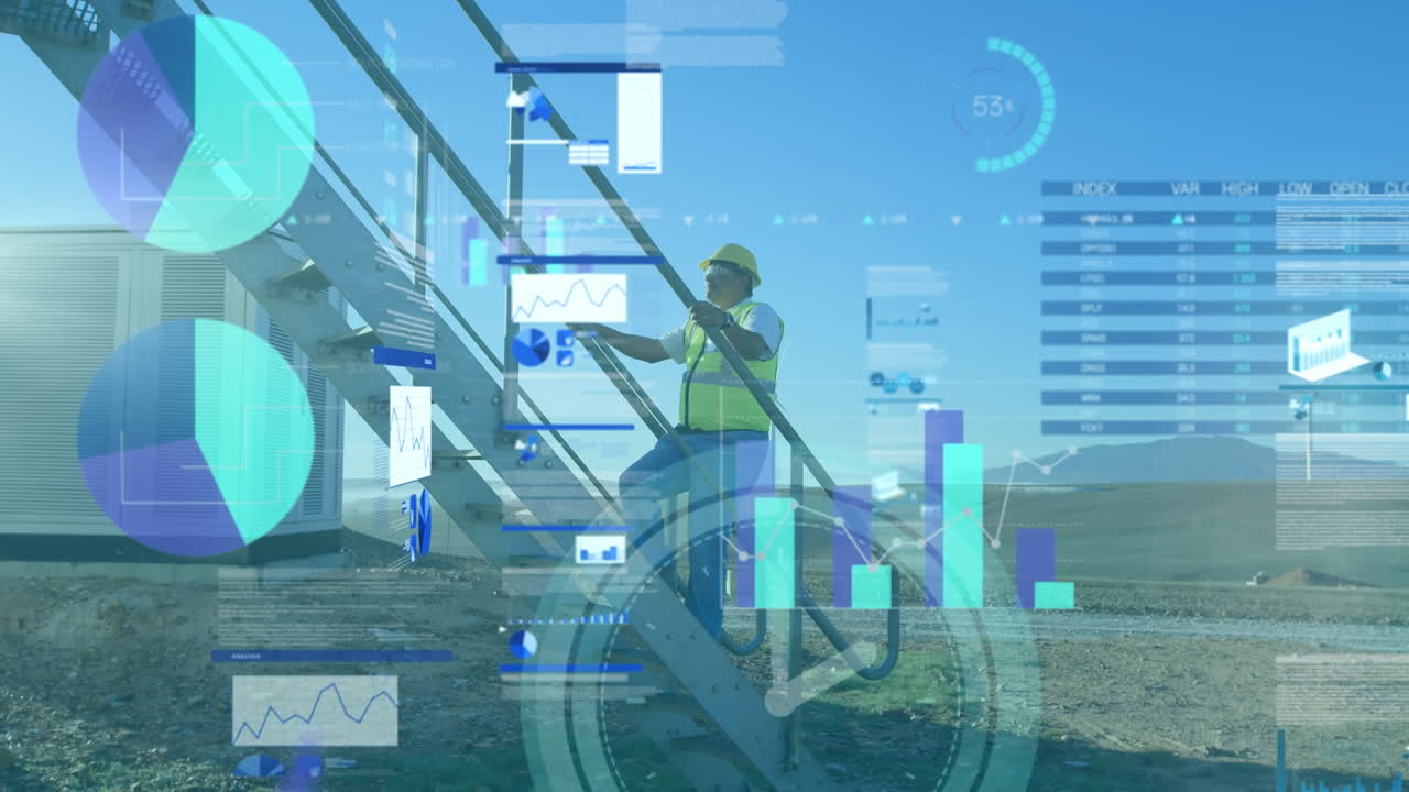 animación de estadísticas y procesamiento de datos sobre ingeniero caucásico caminando por la turbina eólica