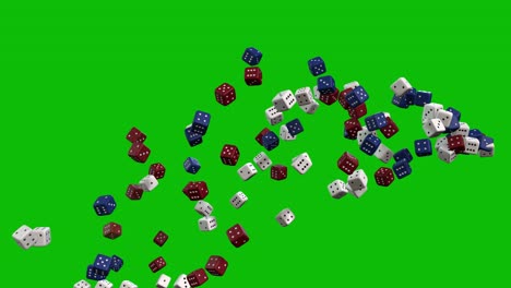 casino white, red and blue dice thrown up and falling down from right side on green screen 3d animation, dice jackpot, dice fountain